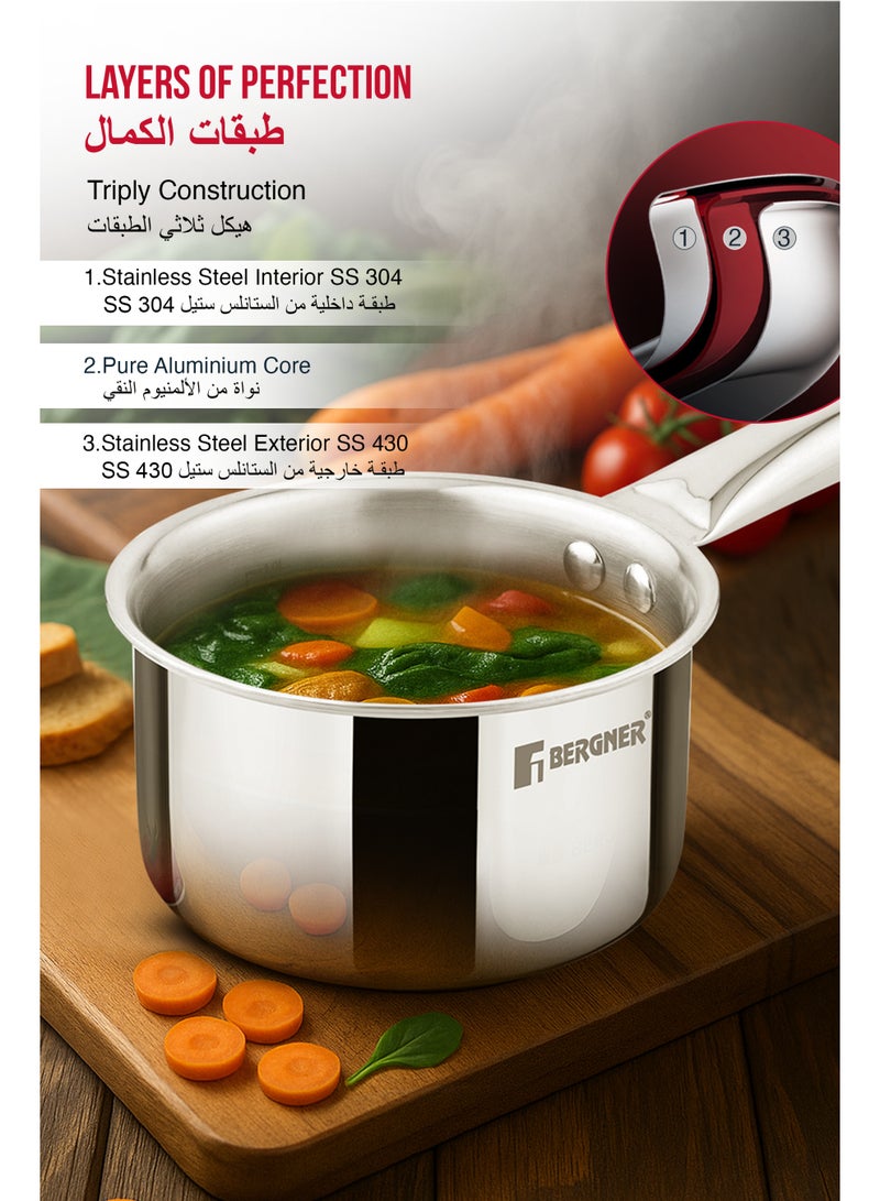 Bergner Tripro 14cm (1.2L) Tri-Ply Stainless Steel Saucepan, Heavy-Bottom Healthy Cooking Pot, Milkpan, Teapan, Even Heating, Improved Grip Handles, Easy to Clean,  Induction & Gas Stove Compatible - Image 3
